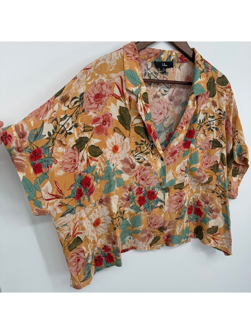 Lulus Oversized Floral Cropped Button Front Blouse Boho Cottagecore M